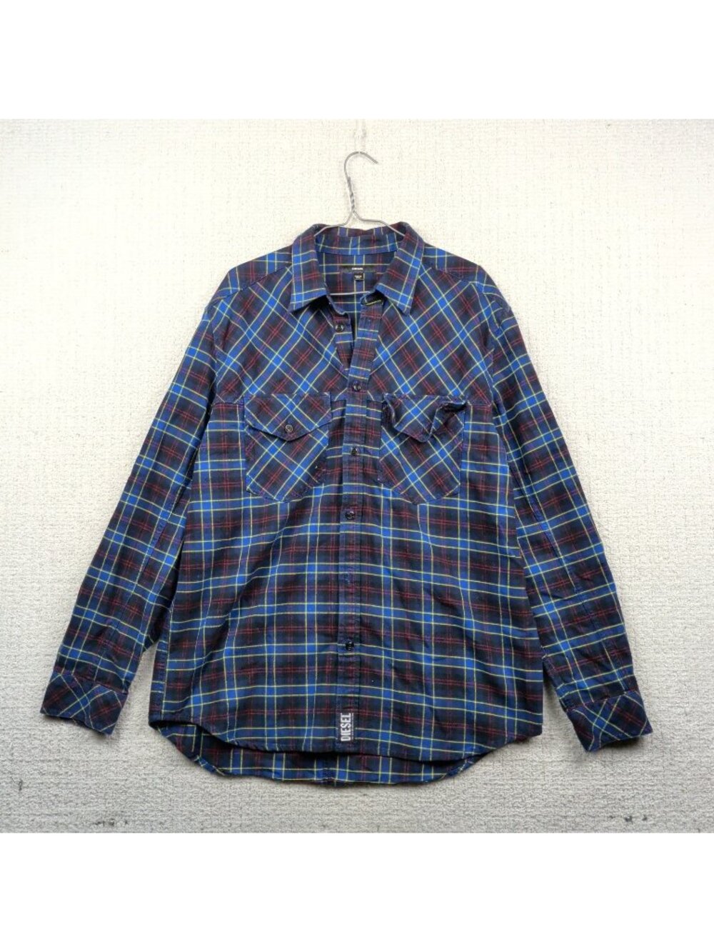 Diesel Blue Tartan Plaid Western Workwear Long Sleeve Button Up Shirt Men Sz L